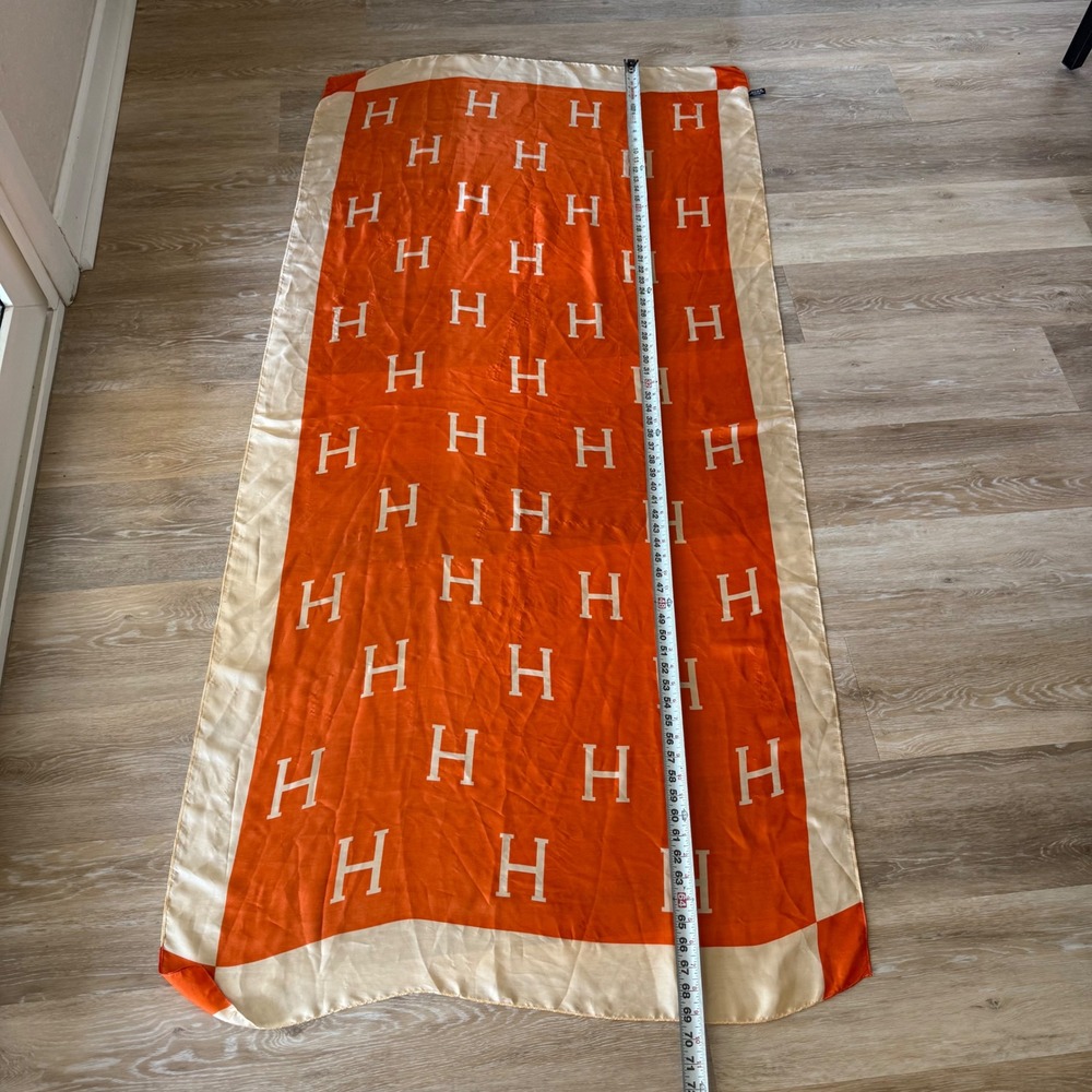 Hermes 100% Silk Scarf Shawl Orange & Cream w/‎ H logo Designer Authentic Luxury
